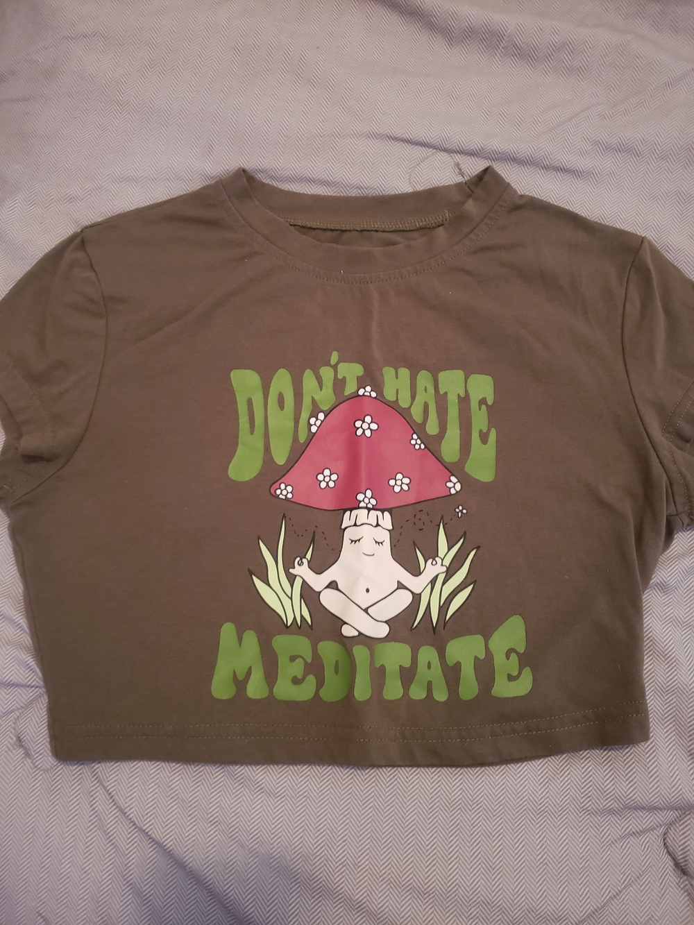 Othr Olive Green Crop Top with Pink Mushroom Graphic